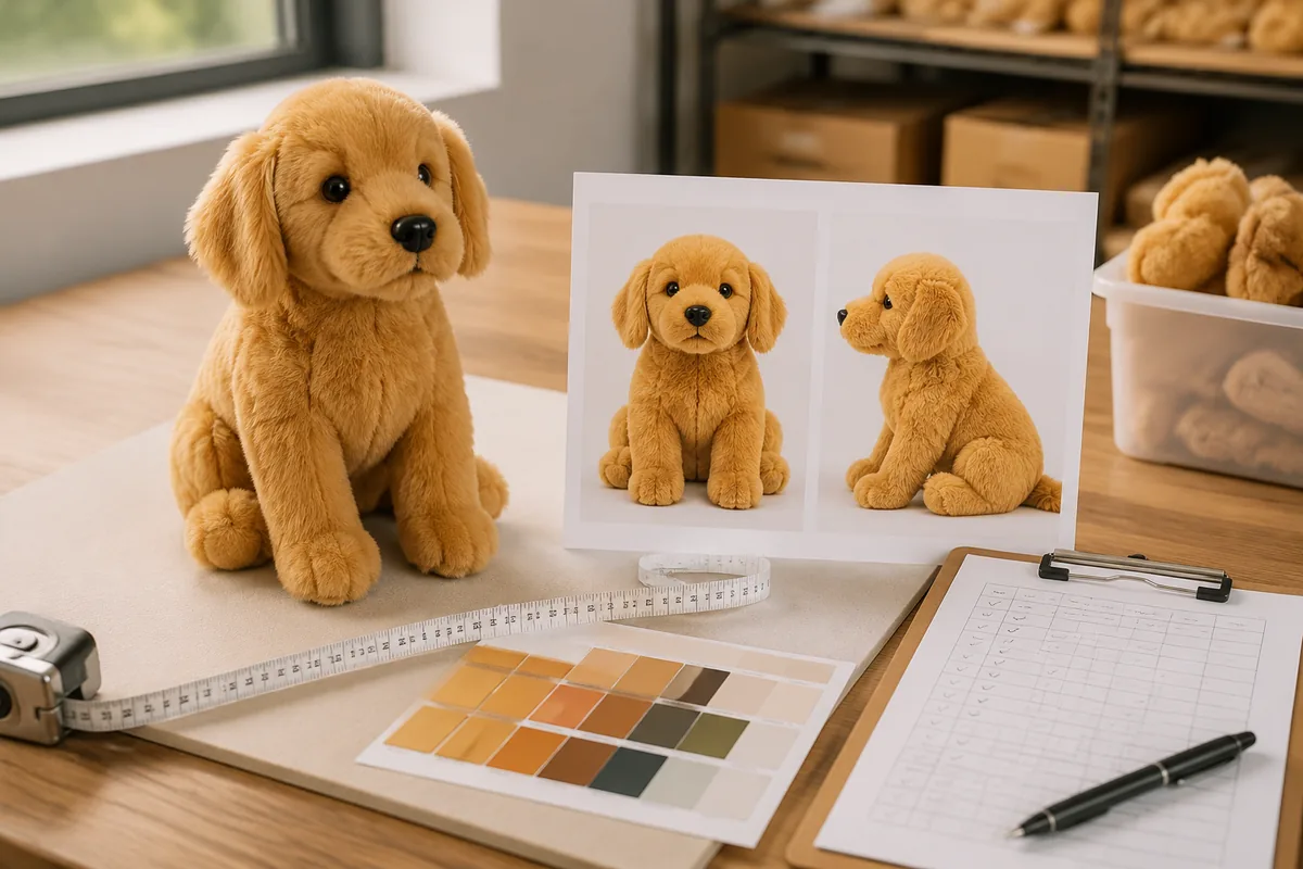 Échantillon or de jouet pour animaux et image principale de fiche Amazon côte à côte, checklist couleur et taille