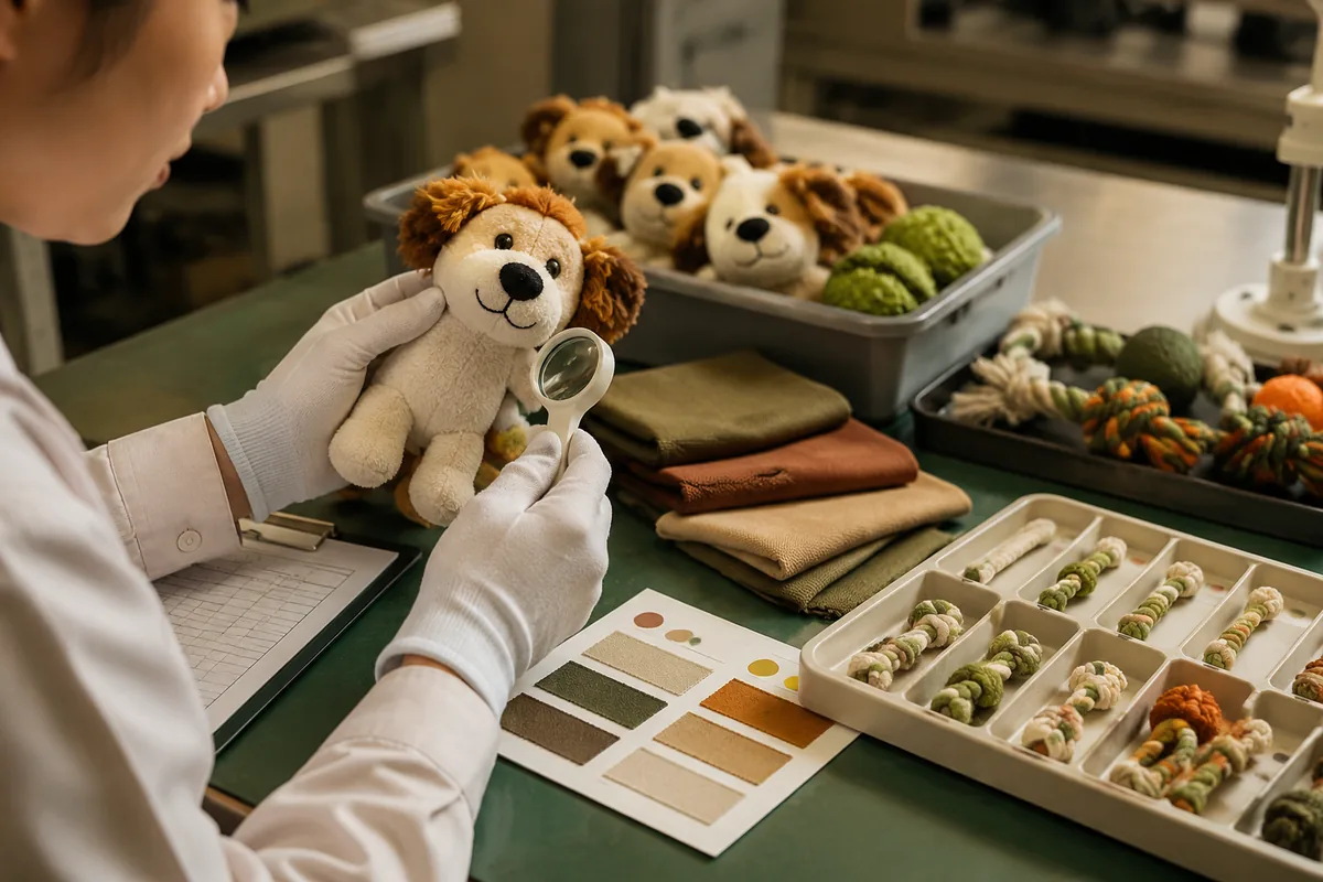 Banc de CQ en ligne contrôlant peluches et jouets corde : solidité des coutures, étiquettes et lot de couleur avant expédition FBA