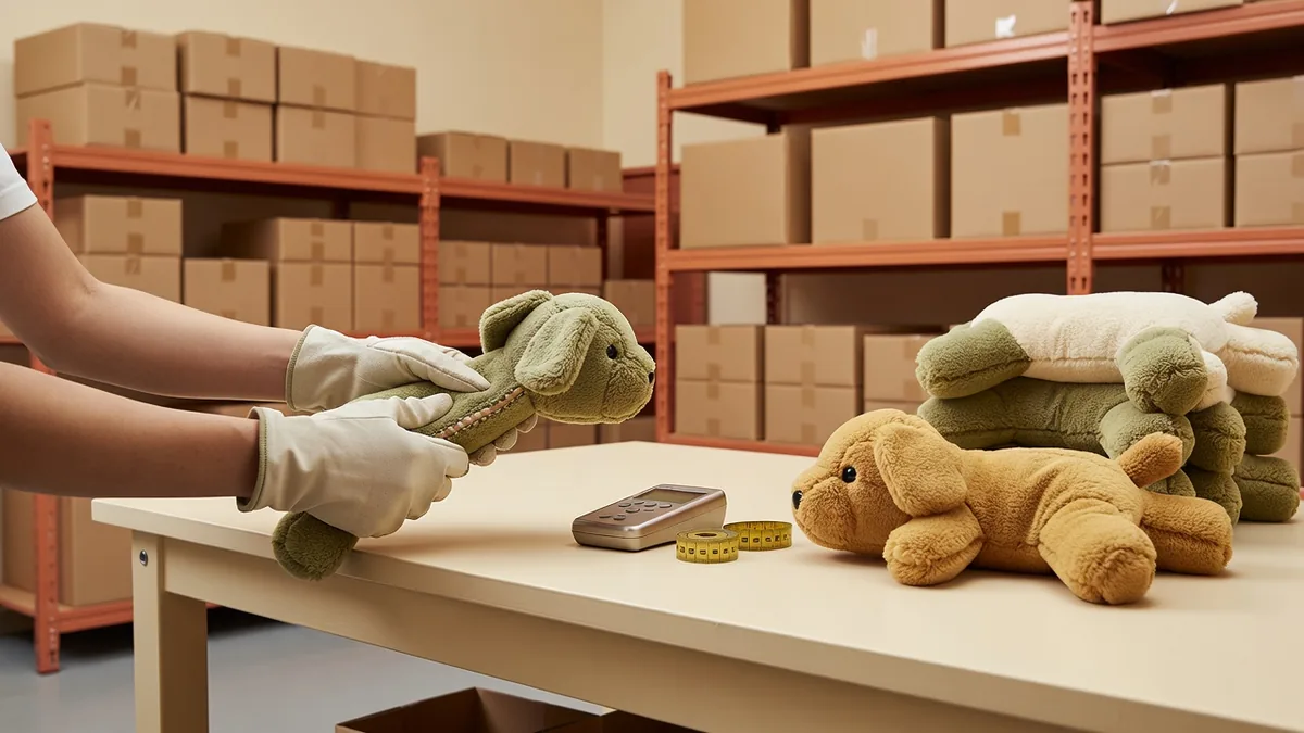 Essai de traction QC en usine sur une couture de jouet chien en peluche, à côté d'un golden sample approuvé