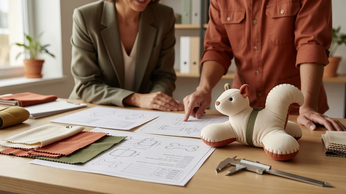 Tech pack, échantillons de tissus et prototype en peluche sur un bureau lors de la revue RFQ d'un fabricant de jouets pour animaux ASTM F963