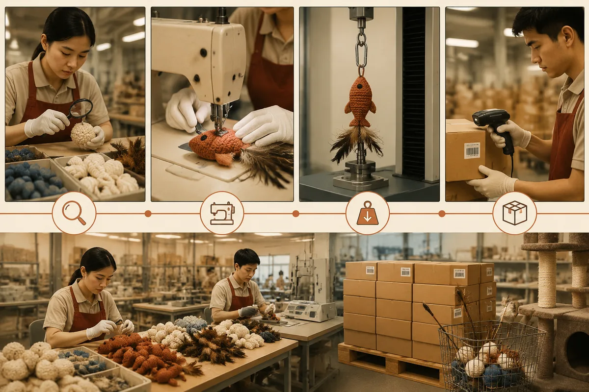 Flux de contrôle qualité usine pour jouets pour chats en gros : contrôles matières, inspection des coutures, essais d’arrachement et vérification du conditionnement