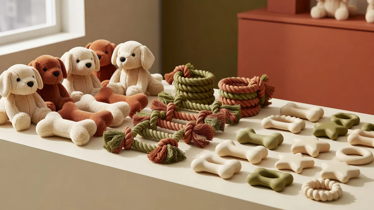 Assortiment de jouets pour chiots en gros : peluche souple, corde et corps en caoutchouc léger sur un bureau d'échantillonnage crème chaud
