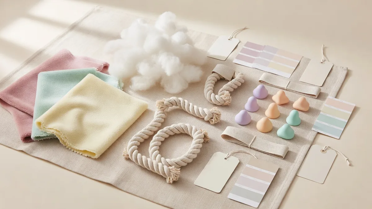 Flatlay matières des jouets pour chiots en gros : peluche souple, fibre de rembourrage, corde coton, pièce de dentition en TPR souple, étiquettes tissées et nuanciers