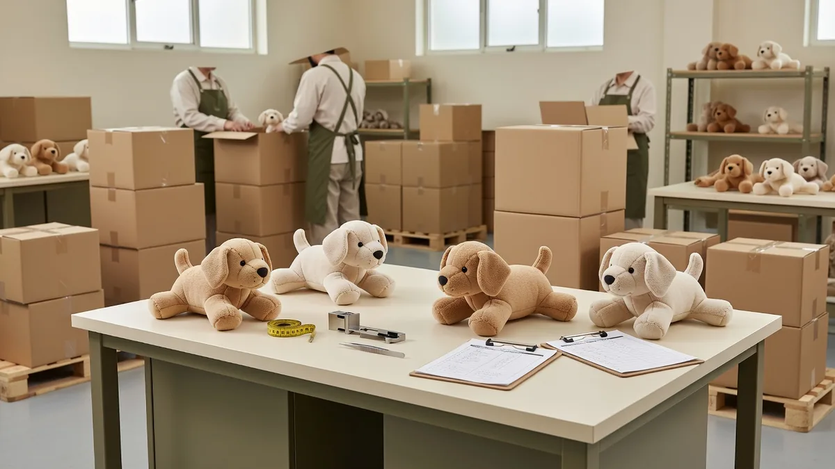Banc QC pour jouets pour chiots en gros : test de traction de couture, contrôle de la matière souple et pack-out carton export