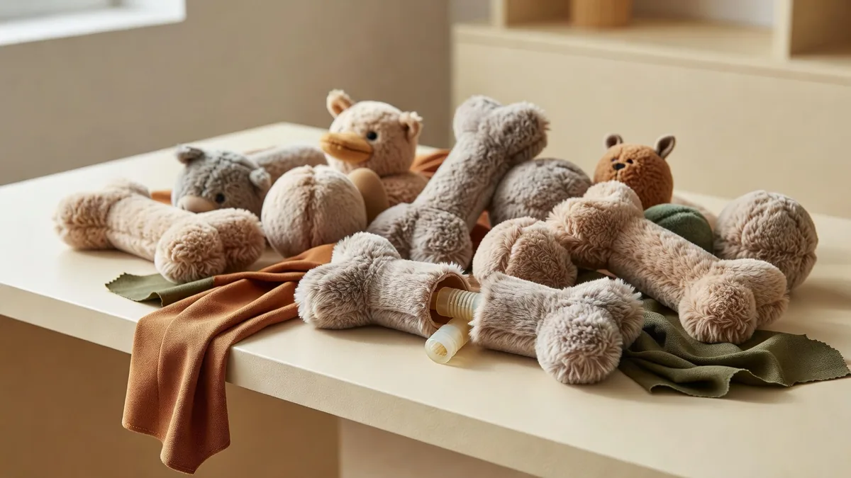 Assortiment de jouets couineurs pour chien en volume, corps peluche et inserts couineurs apparents, sur un bureau d’échantillonnage crème chaud