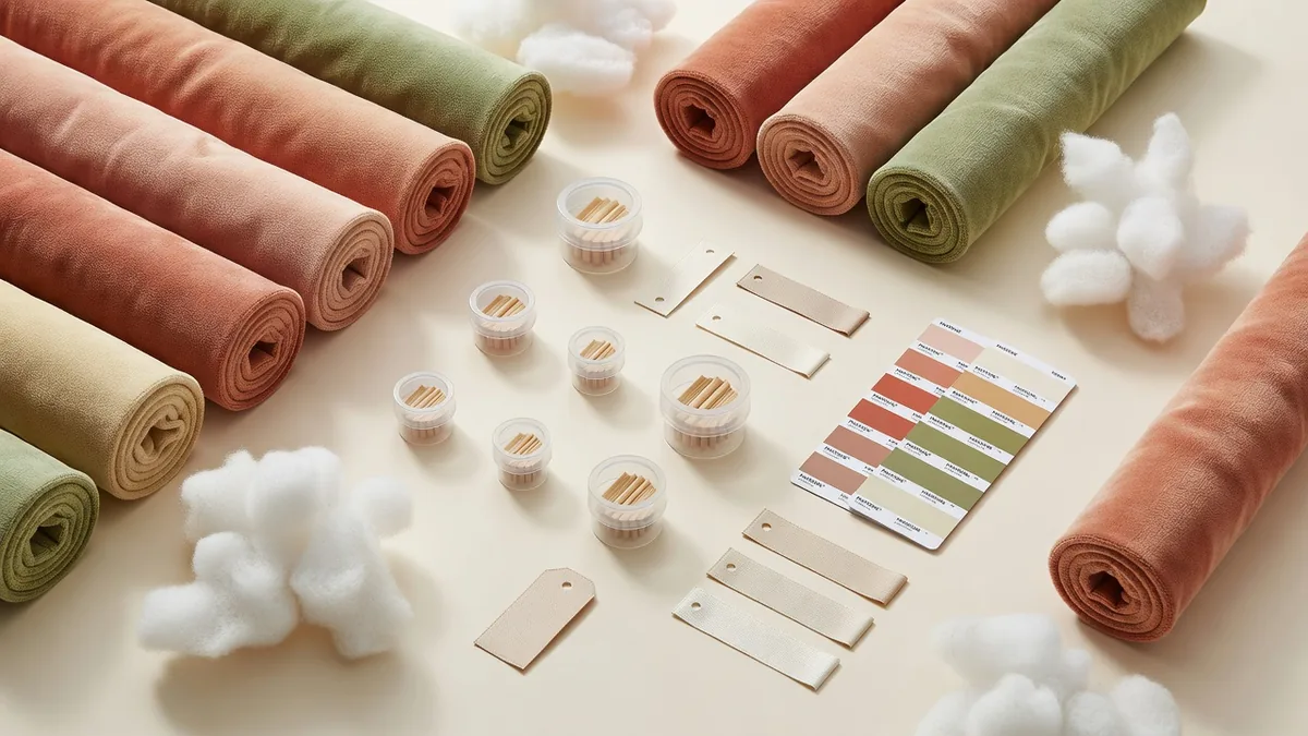 Flatlay matières des jouets couineurs en volume : tissu peluche, fibre de garnissage, couineurs à anche plastique, étiquettes tissées, hangtags et nuanciers