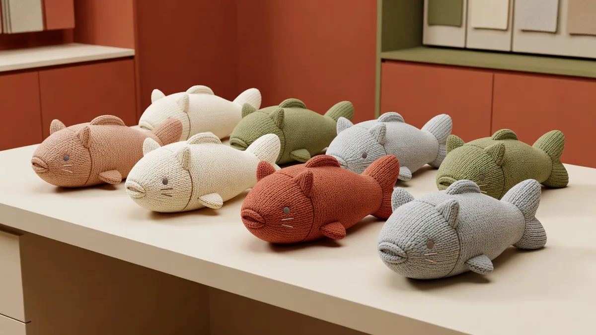 Assortiment de peluches oreiller-poisson pour chat tricotées en coloris crème, terracotta, olive et gris, sur un bureau d’échantillonnage crème chaud pour acheteurs en gros