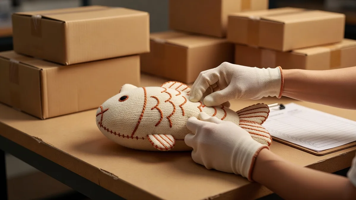 Inspecteur qualité vérifiant la résistance des coutures et l’intégrité du point tricoté sur une peluche oreiller-poisson pour chat tricotée, au banc CQ d’usine