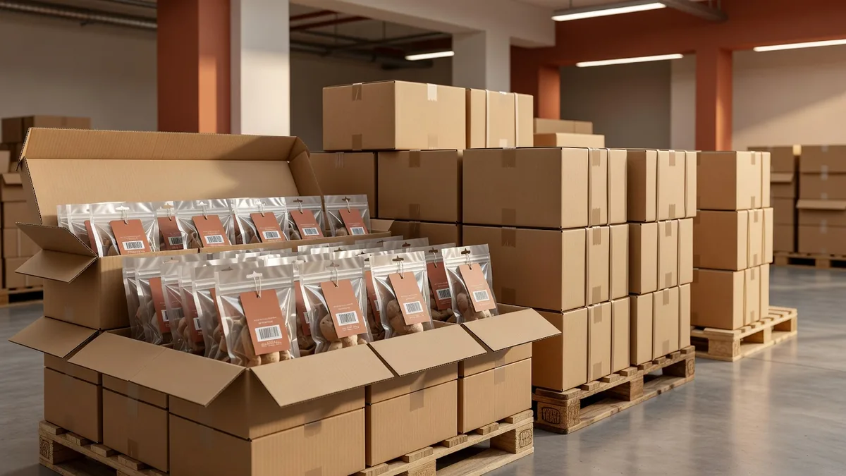 Pack-out export de jouets pour chats sous polybag avec hangtags, dans des cartons maîtres ouverts sur une palette d’entrepôt