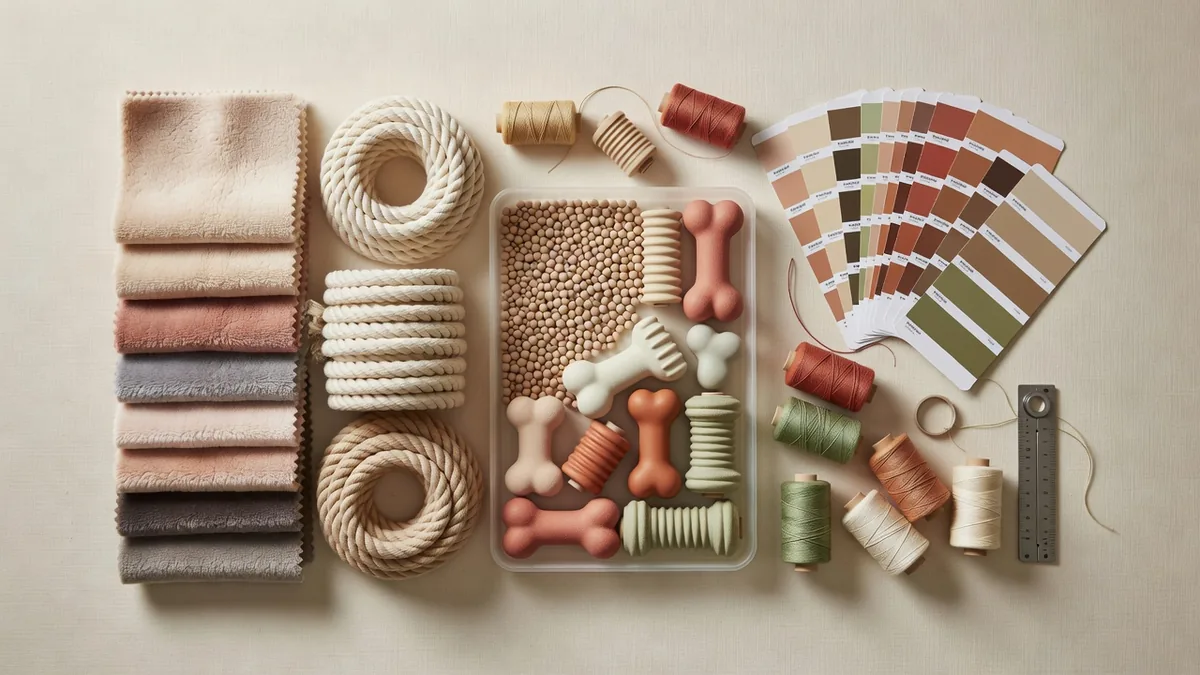 Flatlay matières et QC pour un sourcing d’usine chinoise de jouets pour animaux adaptée aux petites entreprises : tissu, corde, TPR, nuanciers