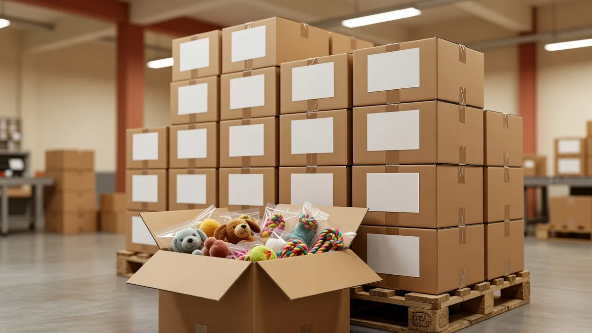 Cartons d’emballage export pour commandes d’essai d’une usine chinoise de jouets pour animaux adaptée aux petites entreprises, avec étiquettes multi-SKU