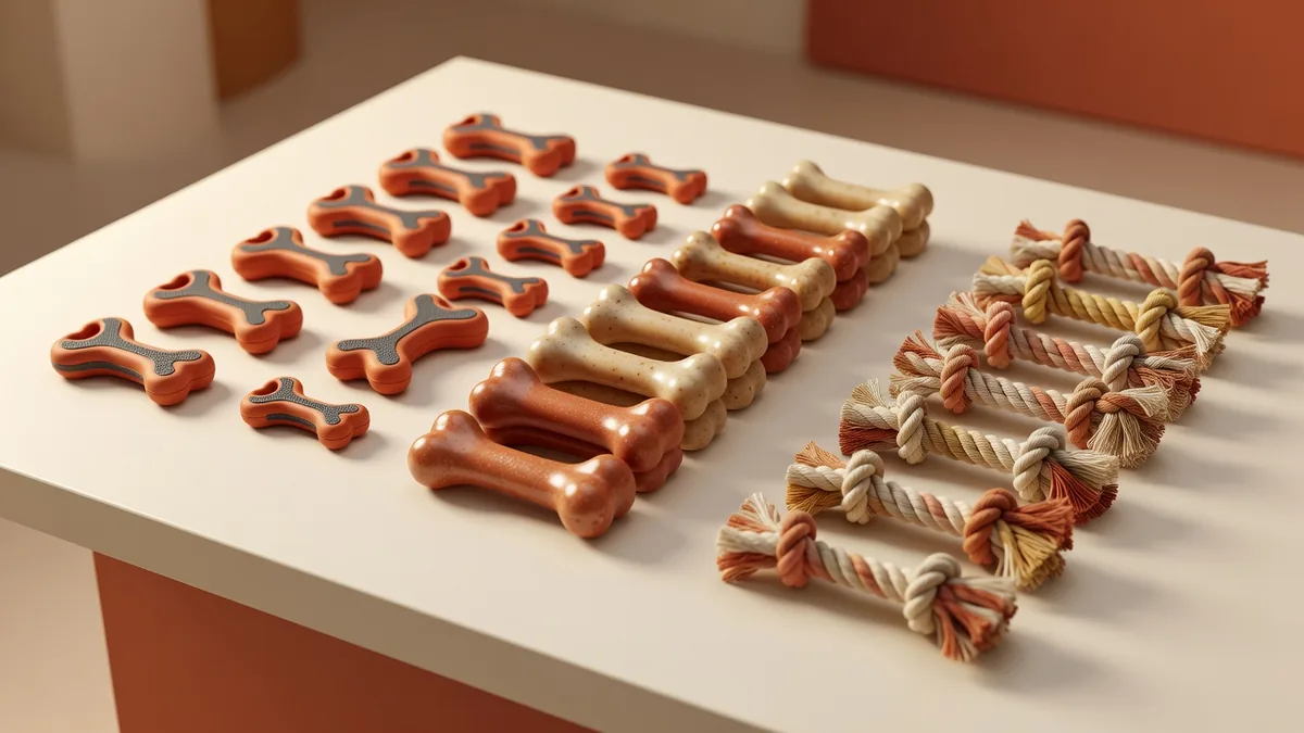 Assortiment de jouets à mâcher durables Classic Chew sur un bureau d'échantillonnage crème chaud, avec os TPR, balles en mousse et corde