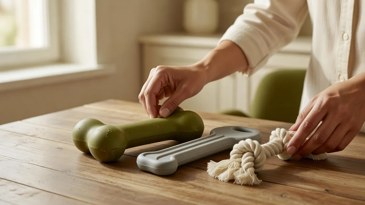 Os à mâcher enduits verts en trois tailles sur une table d'échantillonnage crème chaude
