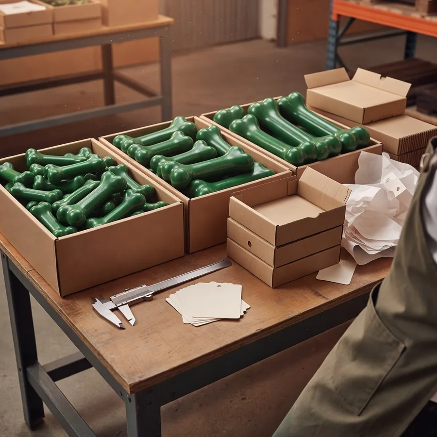 Bacs de conditionnement usine contenant trois tailles d'os à mâcher enduits verts pour chiens, avec boîtes intérieures kraft