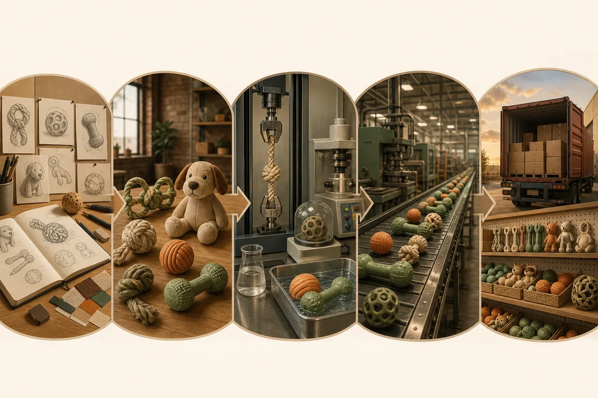 Calendrier de développement d’un jouet pour animaux sur mesure en cinq phases : croquis de concept → prototypage → essais en laboratoire → ligne de production → expédition vers le rayon