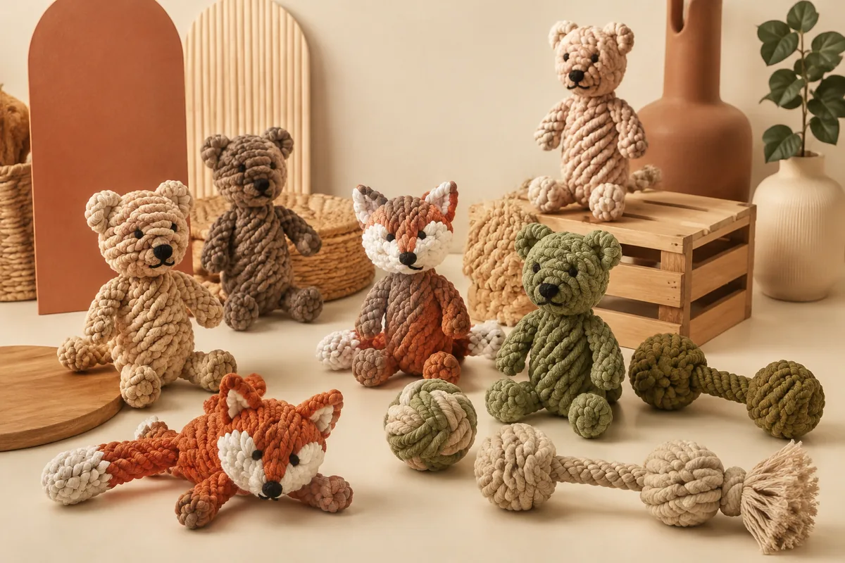 Assortiment de jouets pour chiens en corde de coton forme animal sur un bureau d’échantillonnage crème chaud, silhouettes ours et renard pour acheteurs OEM