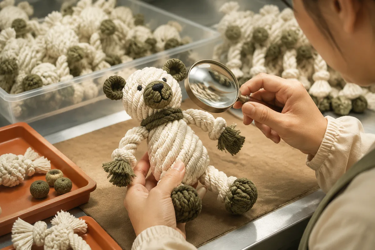 Inspection QC des coutures, extrémités de nœuds et broderies d’un jouet pour chien en corde de coton forme animal sur un banc de contrôle qualité usine