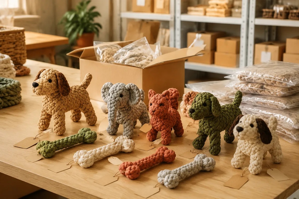 Échantillonnage et comparaison de MOQ de jouets pour chiens en corde de coton forme animal, avec coloris et hangtags sur table de conditionnement usine