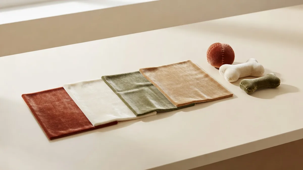 Échantillons de tissu de jouet pour chien en peluche velours cristal, échantillons de sens du poil et jouets souples finis en marque blanche sur un bureau d’échantillonnage crème chaud