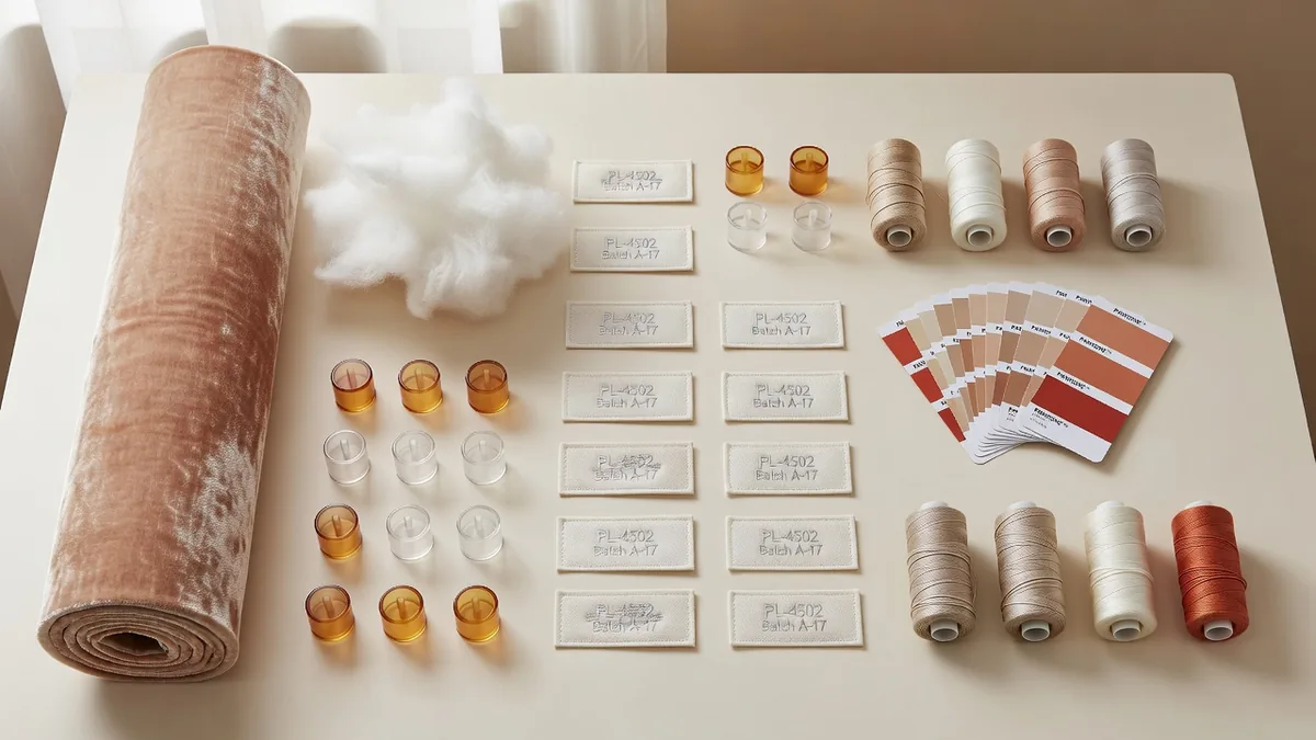 Matières du dossier technique des jouets pour chiens en peluche velours cristal en marque blanche : rouleaux de velours, fibre de garnissage, couineurs, étiquettes tissées, étiquettes volantes et nuanciers