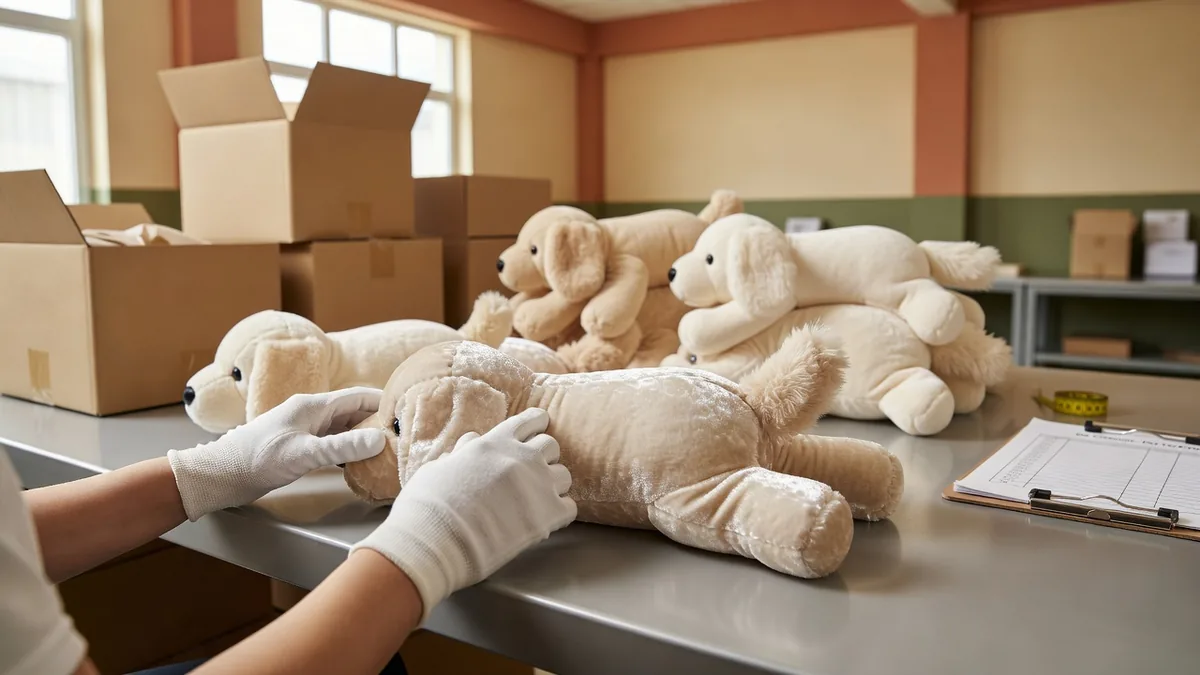 Poste de contrôle qualité vérifiant les coutures, le sens du poil, le poids de garnissage et l’emballage marque blanche d’un jouet pour chien en peluche velours cristal avant les cartons d’export