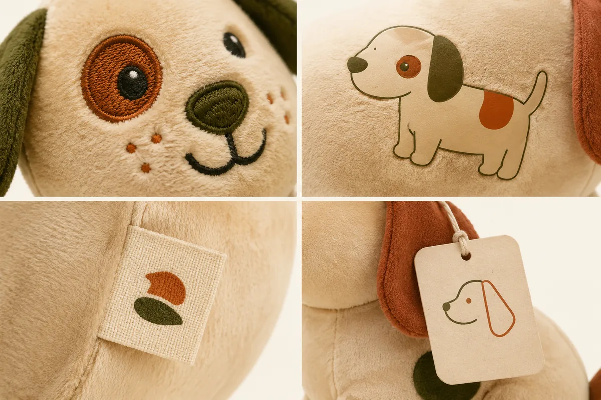 Comparaison des techniques de branding de jouets en peluche pour chiens sur mesure : broderie, impression par transfert thermique, étiquette d'entretien tissée et hangtag