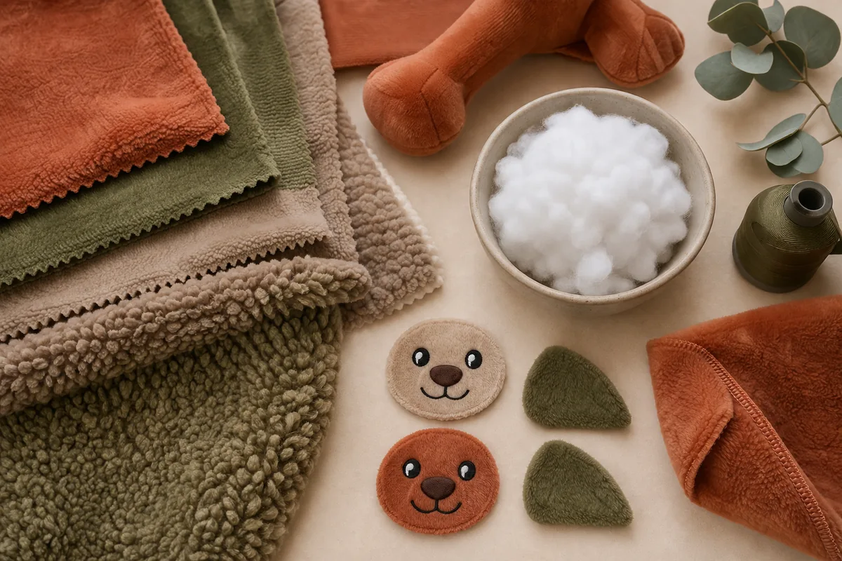 Échantillons de matières et de construction de jouets en peluche pour chiens sur mesure : tissu à poil court, sherpa, fibre de rembourrage, broderie et coutures renforcées pour les RFQ fabricant Chine