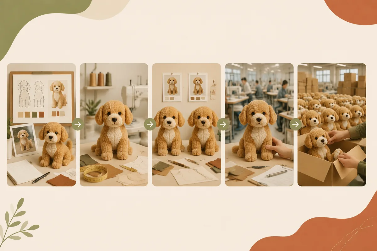 Calendrier d'échantillonnage de jouets en peluche pour chiens sur mesure, du brief et du proto-échantillon à la révision, à l'échantillon de pré-production et au QC de série