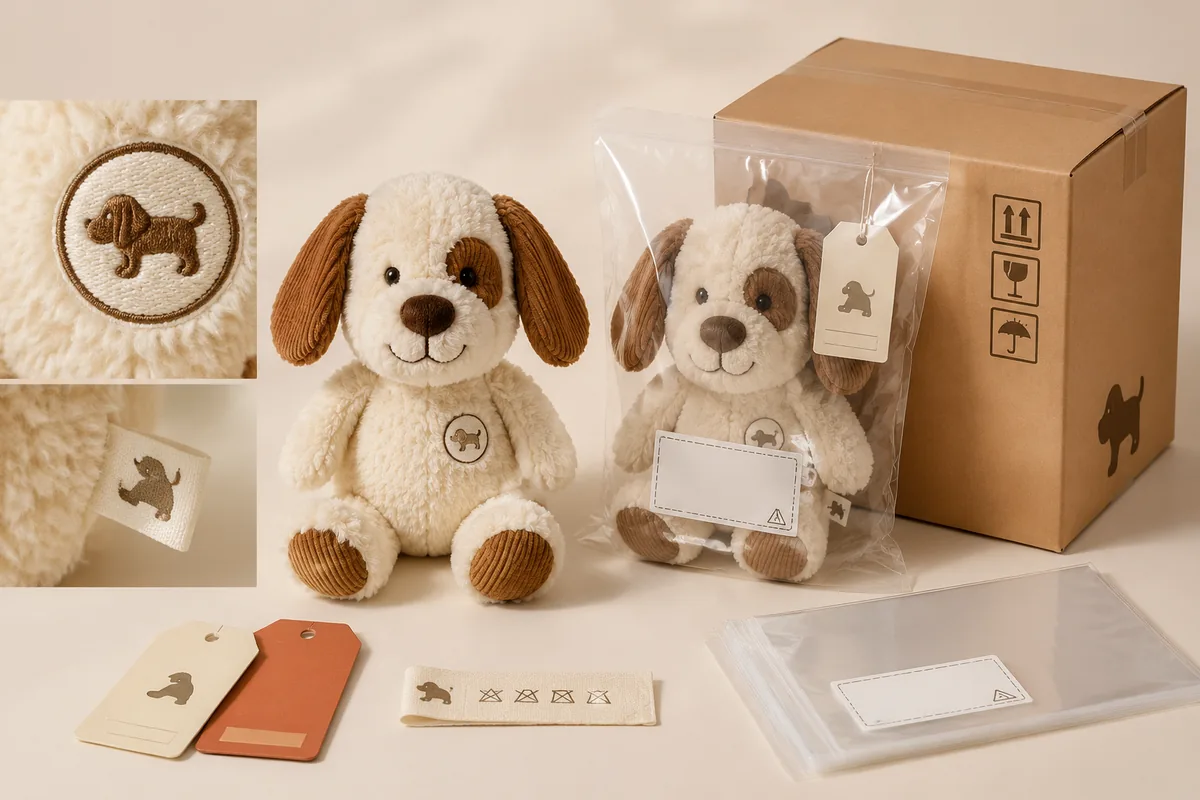 Branding et packaging OEM de jouets en peluche pour animaux sur mesure : logo brodé, étiquette d’entretien tissée, hangtag, sachet poly et carton maître export