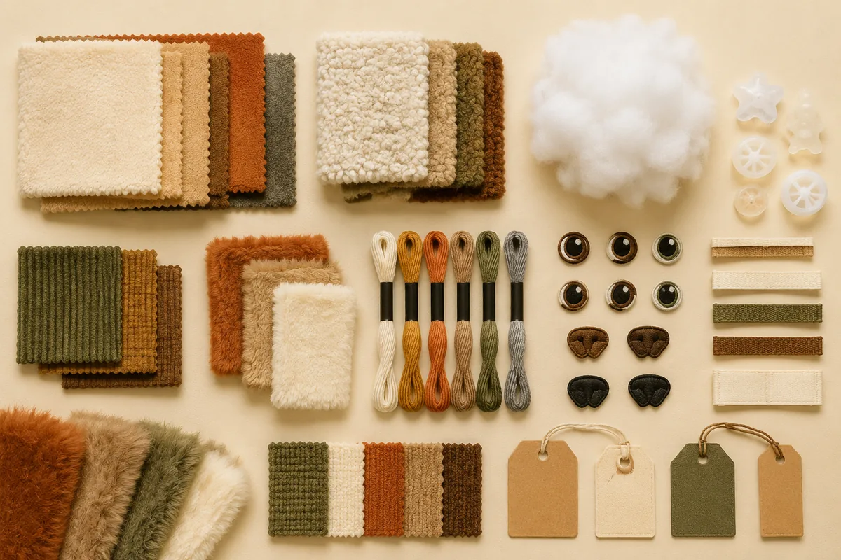 Flatlay des matières OEM de jouets en peluche pour animaux sur mesure : poil court, sherpa, fibre de rembourrage, échantillons de broderie, étiquettes tissées et options de couineur