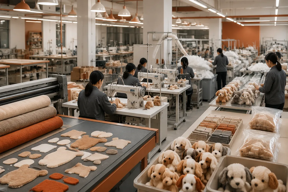 Ligne de production OEM de jouets en peluche pour animaux avec postes de coupe du tissu, couture, rembourrage et étiquetage dans une usine en Chine