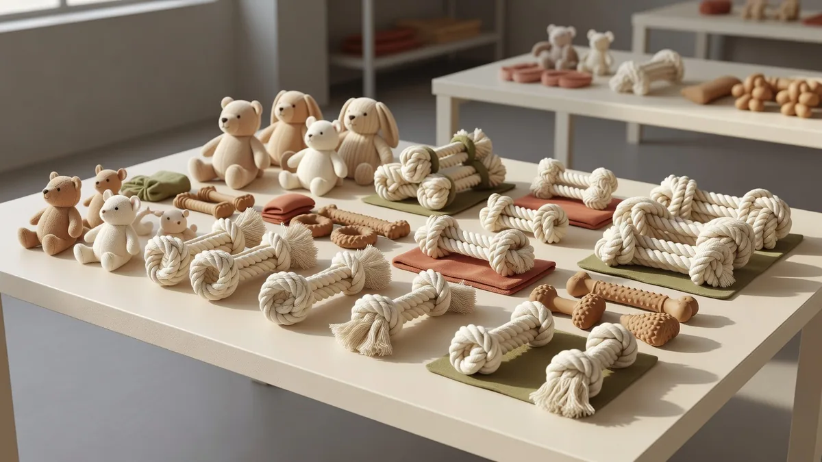 Assortiment de jouets pour animaux en gros à prix discount sur un bureau d’échantillonnage : peluches valeur, cordes et références caoutchouc pour acheteurs B2B