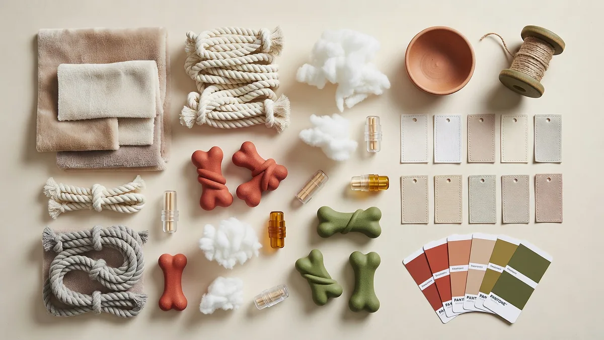 Flatlay matières et contrôle qualité pour jouets pour animaux en gros à prix discount : tissu peluche, corde, échantillons TPR, hangtags, nuanciers