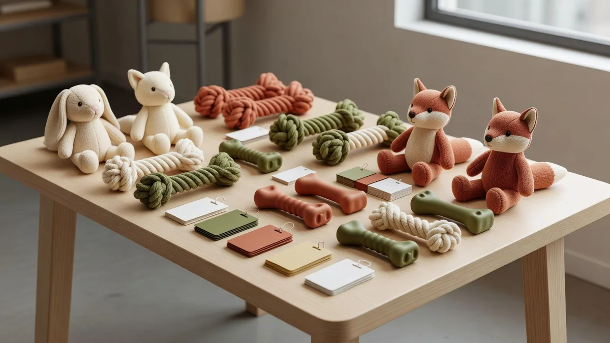 Jouets pour chiens assortis sur un bureau d'échantillonnage B2B, pour des distributeurs qui évaluent des SKU peluche, corde et caoutchouc