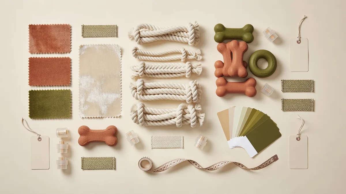 Flatlay matières pour les RFQ des distributeurs de jouets pour chiens : tissu peluche, corde, échantillons TPR, hangtags et nuanciers
