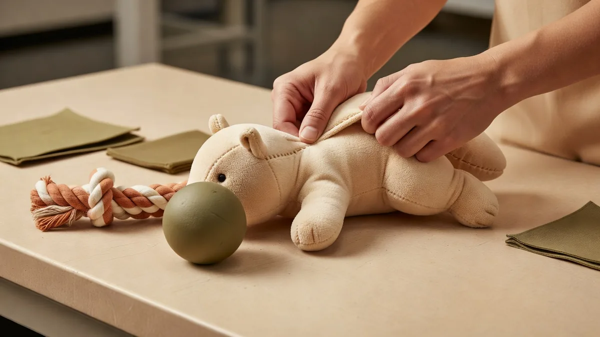 Essai de traction et de durabilité d'un jouet pour chien sur une couture de peluche, au banc QC d'usine