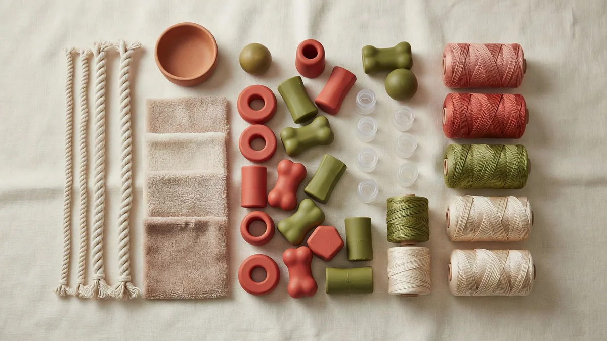 Flatlay matières pour les tests de jouets pour chiens : tissu peluche, corde coton, pièces à mâcher en TPR et inserts couineurs