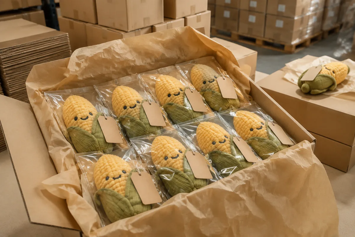 Conditionnement carton export de jouets en peluche pour chiens en fibre de maïs éco, avec sachets poly et cartons maîtres pour l’expédition wholesale