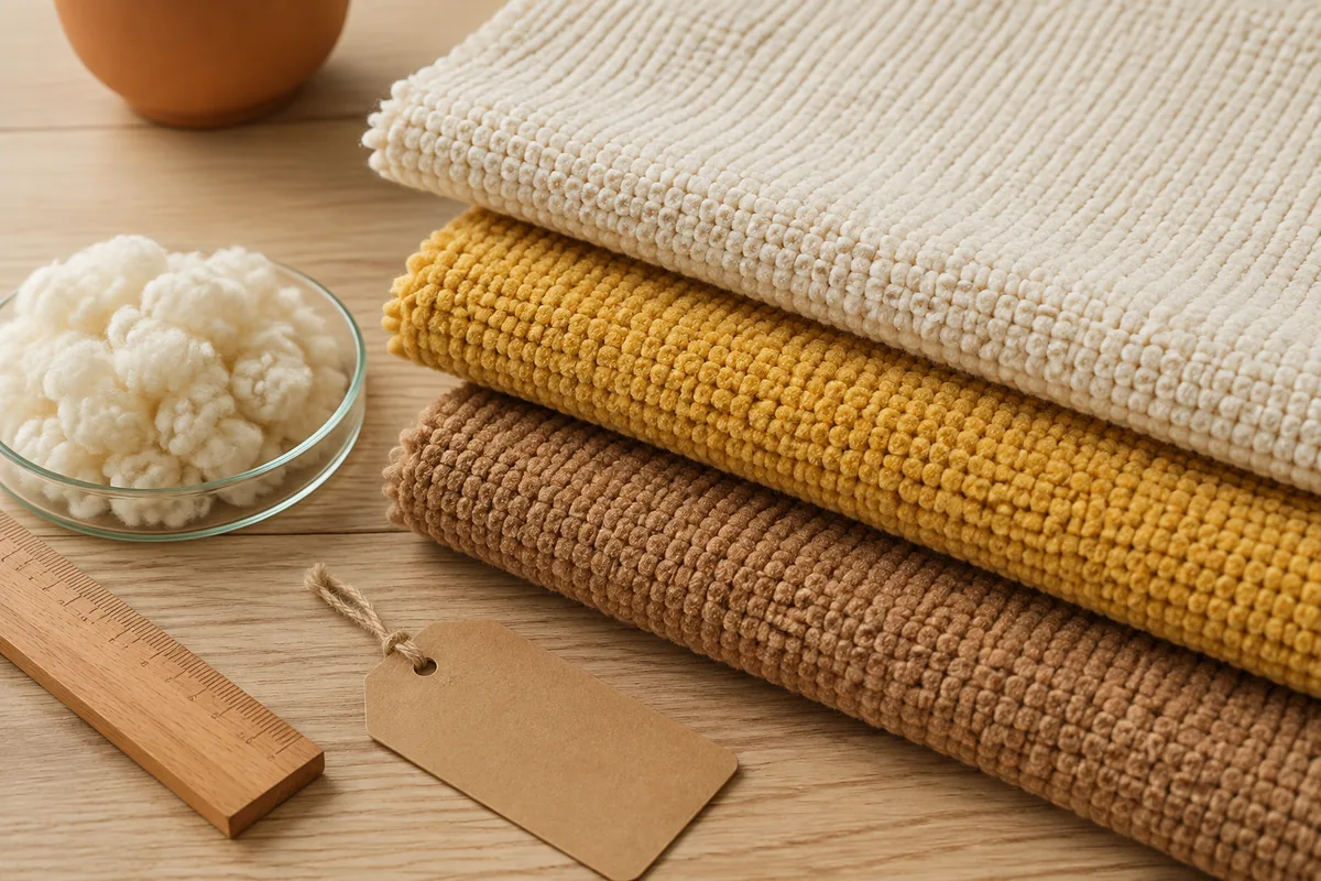 Échantillons de tissu peluche en fibre de maïs et fibre discontinue brute sur un bureau d’échantillonnage crème chaud pour acheteurs B2B de jouets pour animaux
