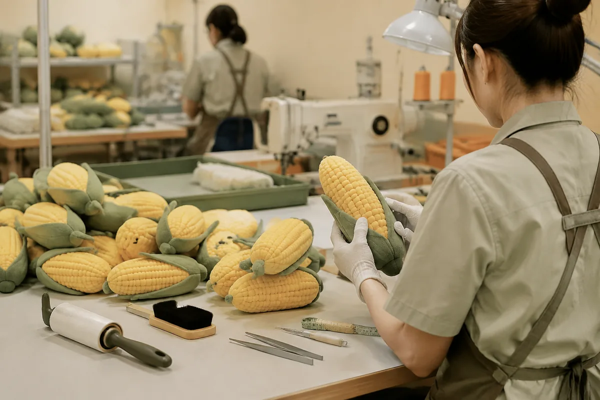 Contrôle qualité en ligne de couture de jouets en peluche pour chiens à texture maïs, avec contrôles de coutures et densité de rembourrage sur une table d’usine