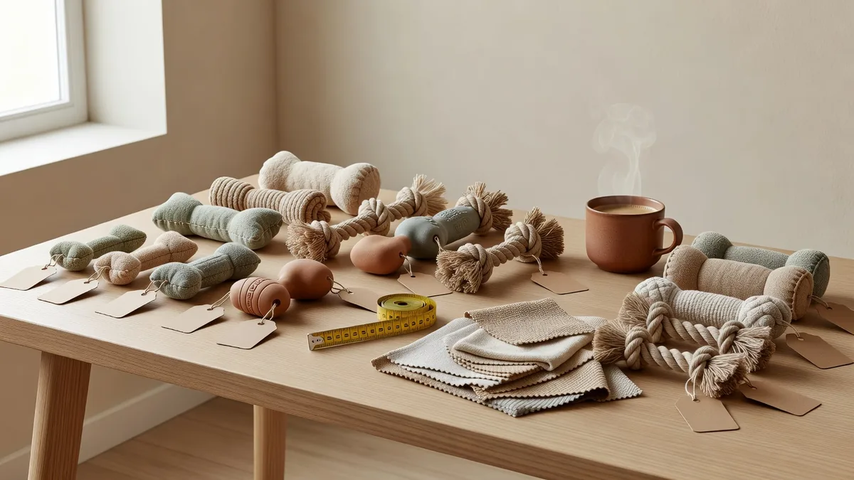 Assortiment de jouets pour chiens écoresponsables sur un bureau d’échantillonnage B2B, pour des acheteurs gros évaluant des SKU peluche, corde et caoutchouc