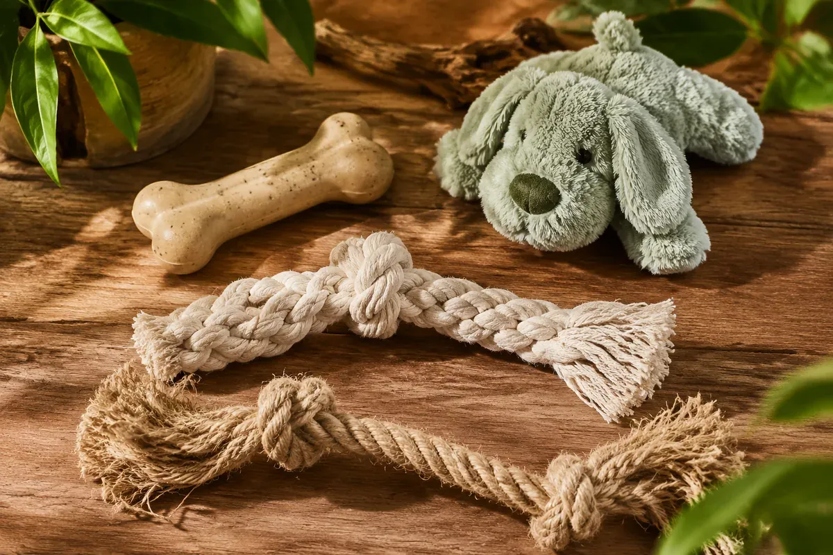 Quatre matériaux de jouets pour animaux écoresponsables : os en caoutchouc naturel, peluche en polyester recyclé, corde en coton biologique et jouet de traction en chanvre sur une surface en bois