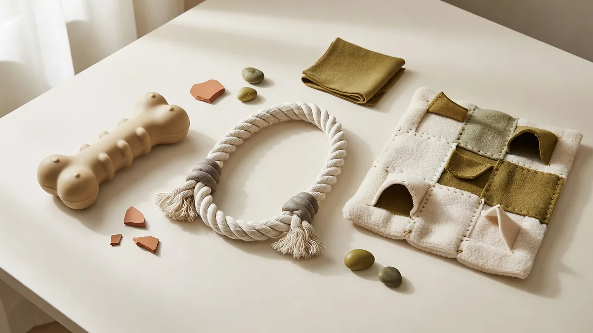 Bureau d'échantillonnage avec des mâchouilleurs en TPR en forme de clé, un anneau de corde en coton et un jouet d'enrichissement en polaire pour un examen de fabricant de jouets pour animaux EN71