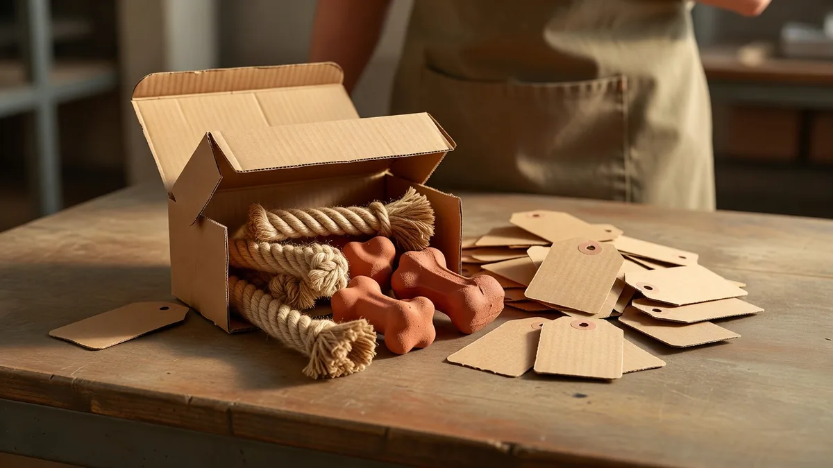 Échantillons conservés de jouets pour animaux et étiquettes kraft vierges sur une table de conditionnement avant la réservation d'un lot EN71