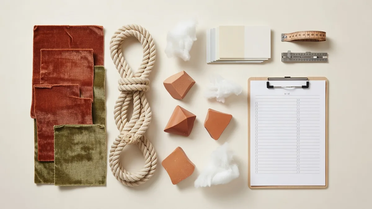 Flatlay matières et contrôle qualité pour les tarifs de gros usine directe : tissu peluche, corde, échantillons TPR, nuanciers
