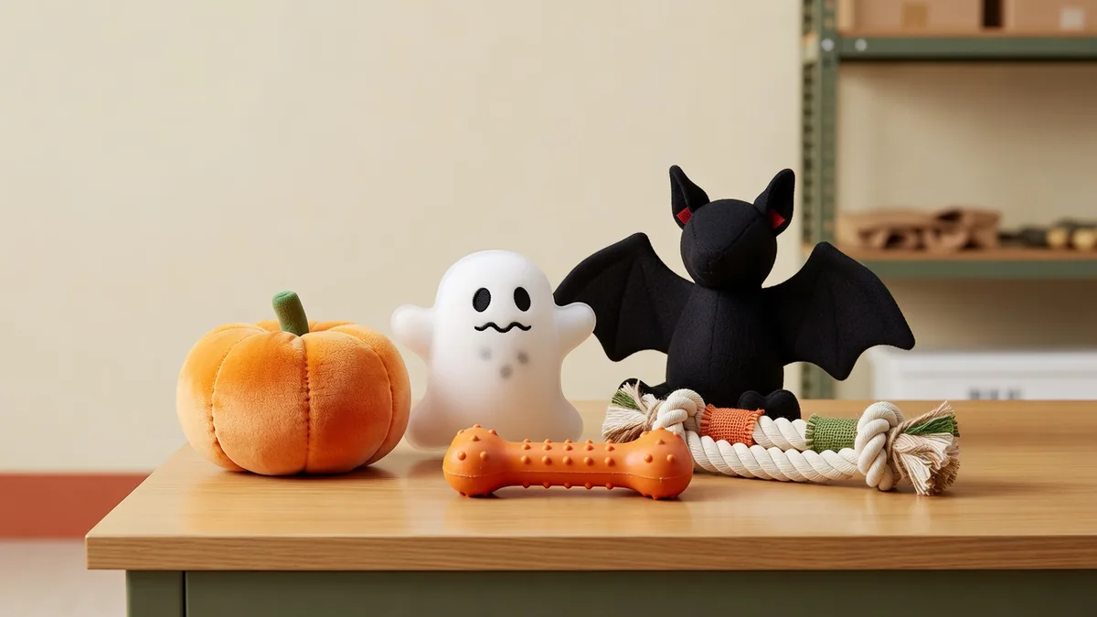 Assortiment de jouets pour chiens d'Halloween sur un bureau d'échantillonnage B2B, pour des acheteurs en gros qui examinent des SKU saisonniers en peluche et en caoutchouc