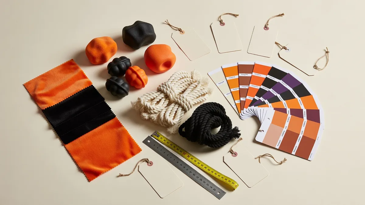 Flatlay matériaux et couleurs pour les RFQ de jouets pour chiens d'Halloween en gros : peluche orange et noire, caoutchouc, corde, hangtags, nuanciers Pantone