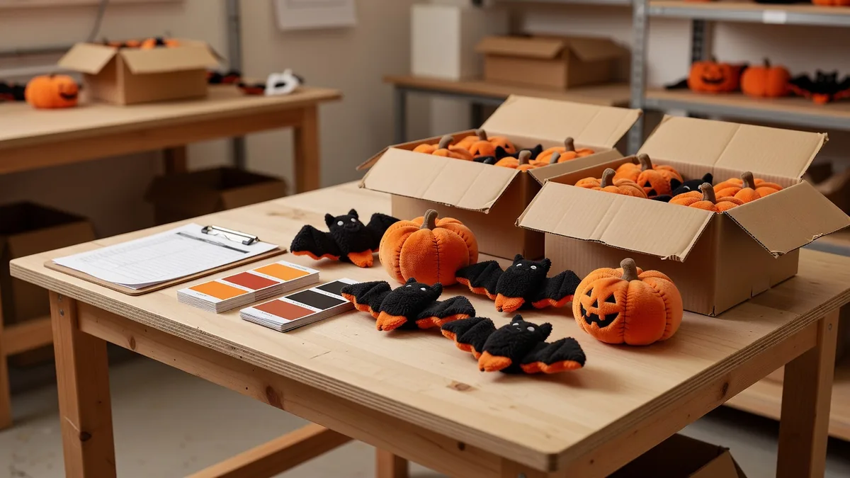 Banc CQ et conditionnement pour jouets pour chiens d'Halloween en gros, avec check-list d'inspection, nuanciers et cartons maîtres