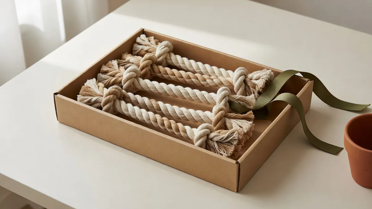 Jouets de corde en gros dans un plateau d’emballage, étiquettes fibre visibles pour le contrôle qualité acheteur