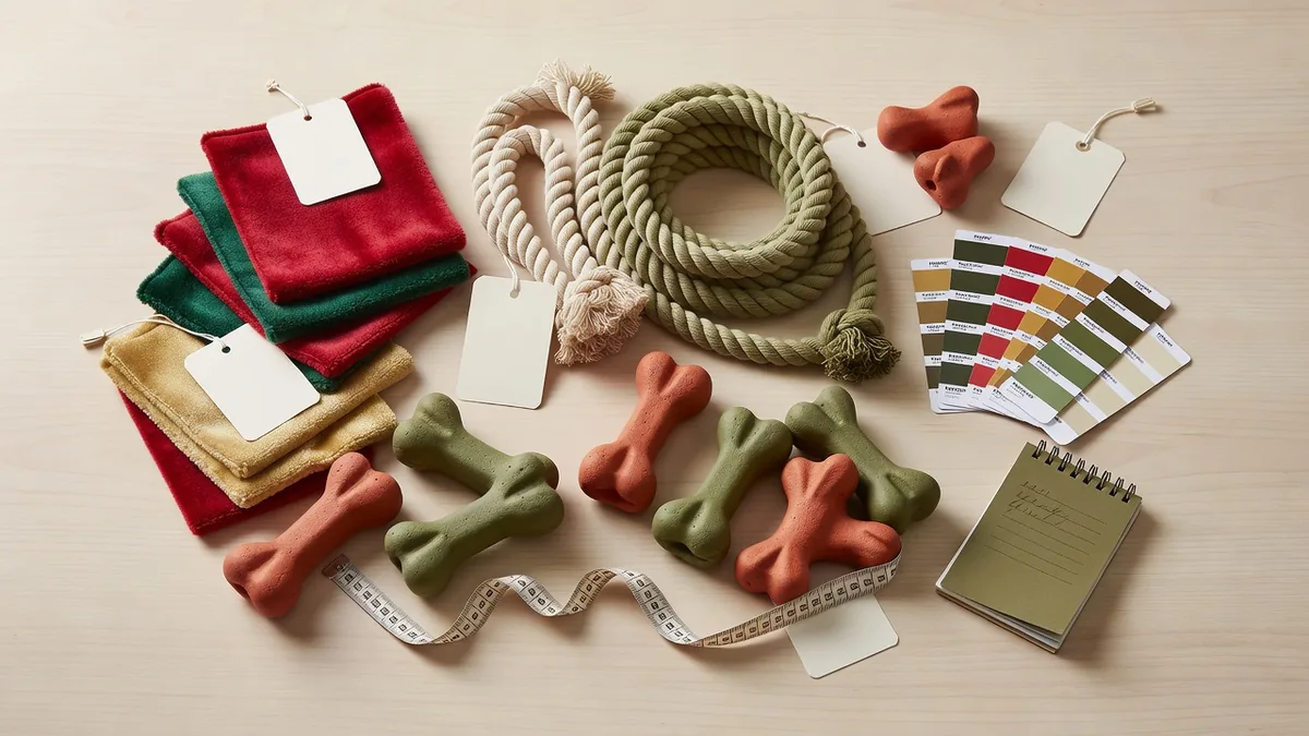 Flatlay matières et contrôle qualité pour jouets pour chiens de fêtes en gros : tissu peluche festif, corde, échantillons TPR, hangtags, nuanciers